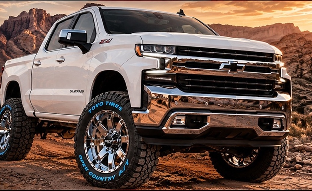 Lifted white Chevrolet truck with chrome wheels in an Arizona desert landscape